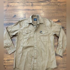 Men’s Wrangler Pearl Snap Buttons Shirt Tan Brown Work Wear Western XLT